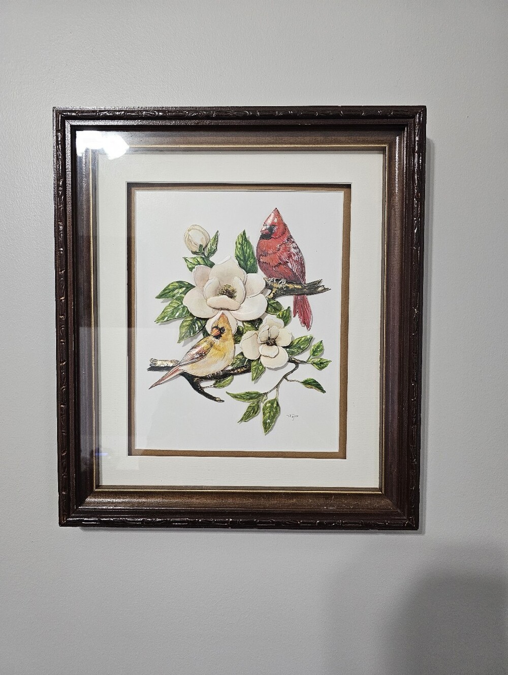 Vintage 3D Paper Tole Cardinal & Magnolia Framed Art Signed Thayer